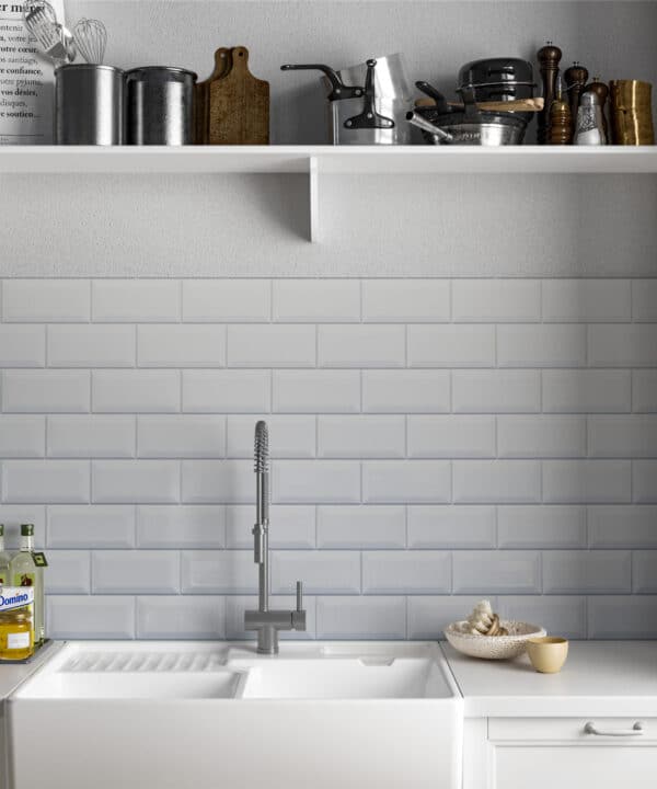 White Metro Bevelled Tile Panels With, White Floor Tiles Grey Grout Kitchen